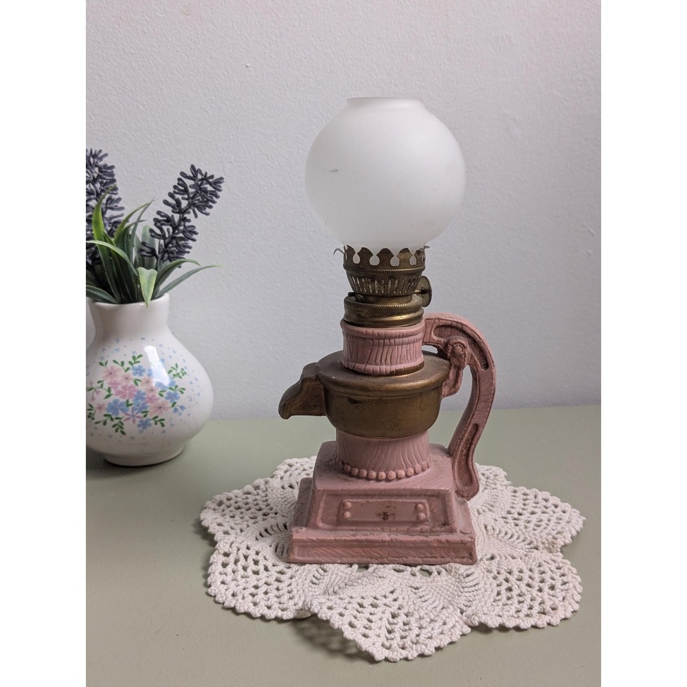 Vintage Japan Mini Oil Lamp Pink Ceramic Frosted Glass Globe Cottage Decor